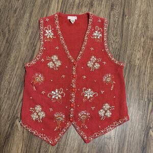 Vintage Red Beaded Knit Vest Womens S Holiday Gold Sparkle Party Retro Sparkle